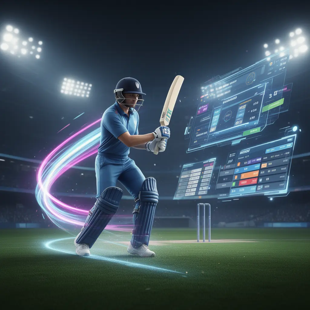 Dynamic neon cricket player silhouette in motion with holographic betting options and stadium atmosphere highlighting CK71 live betting for Bangladesh