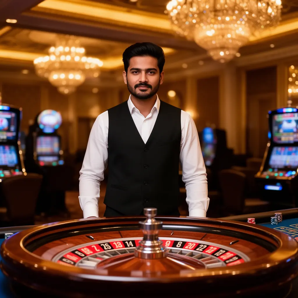 Confident casino dealer standing at a glowing roulette table in a luxury gaming hall representing the premium live casino experience at CK71 for players in Bangladesh