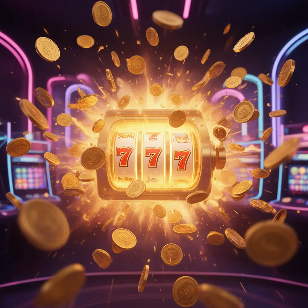 A vibrant slot machine displaying triple sevens with golden coins bursting out, capturing the thrill of winning on CK71 casino slots in Bangladesh